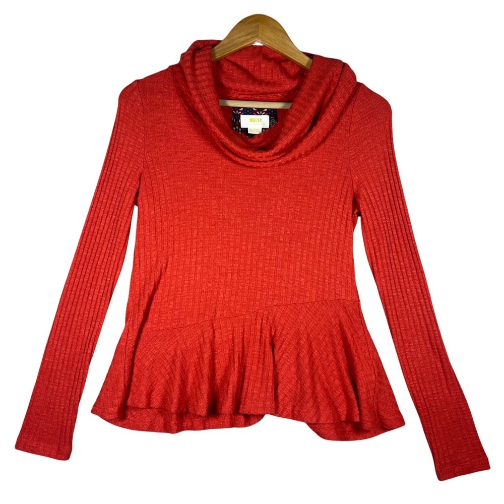 Anthropologie Maeve XS Orange Ribbed Sweater Cowl Neck Peplum Top Knit Retro